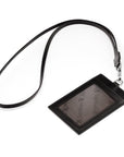 Leather lanyard ID card holder, black, with strap