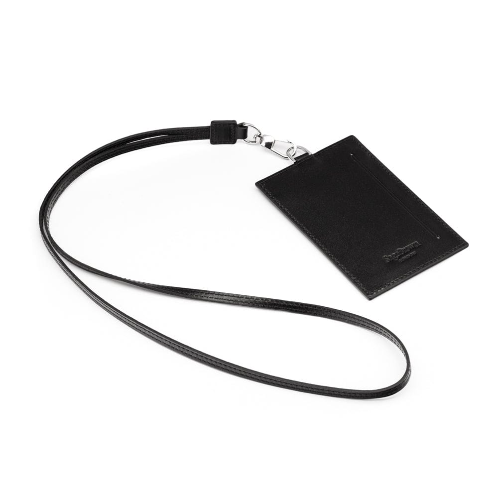 Leather lanyard ID card holder, black, back with strap