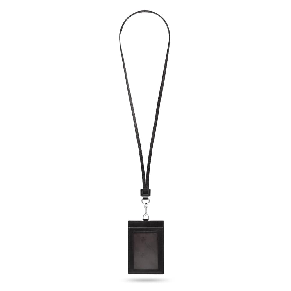 Leather lanyard ID card holder, black, full length