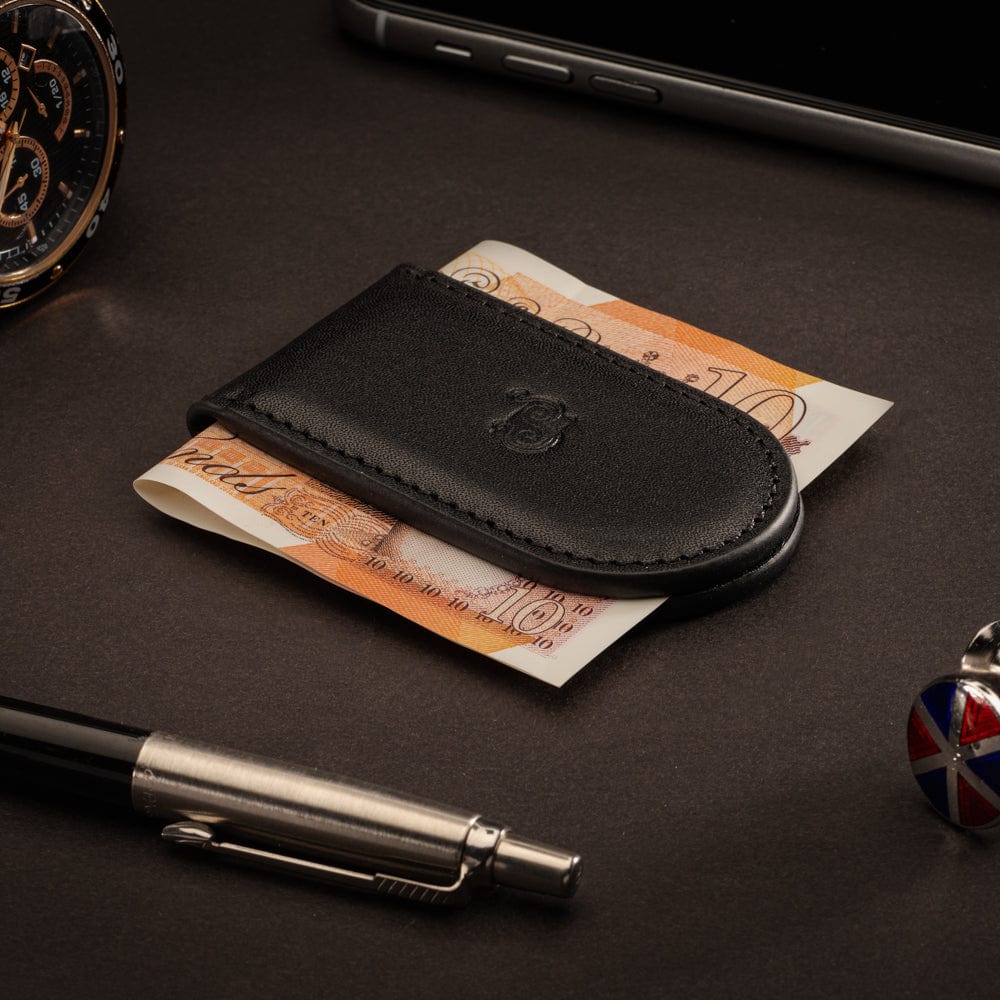 Leather Magnetic Money Clip, black, lifestyle