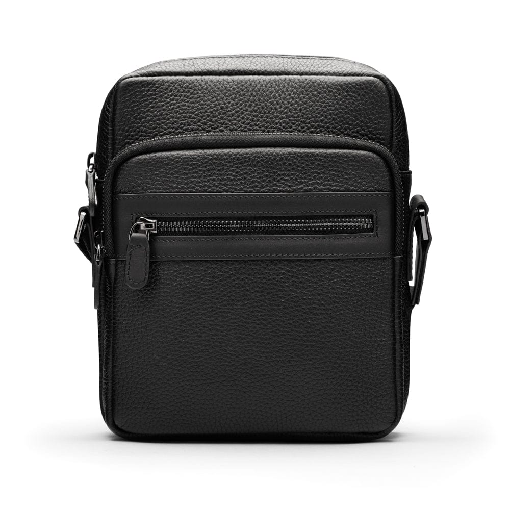 Leather messenger bag with zip, black, front