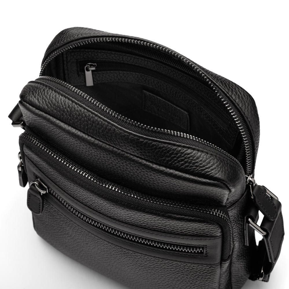 Leather messenger bag with zip, black, inside