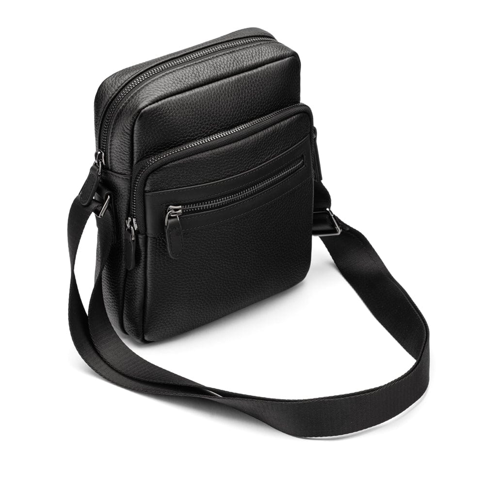 Leather messenger bag with zip, black, side view