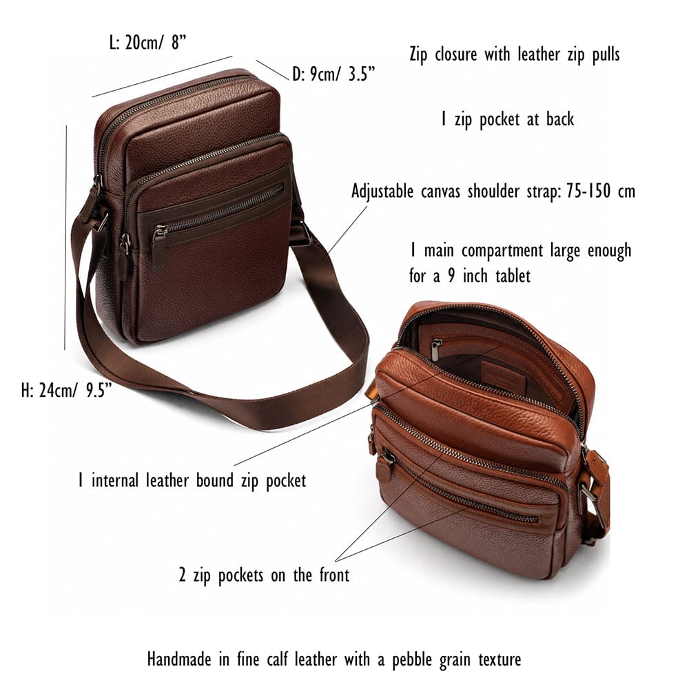 Leather messenger bag with zip, features and dimensions