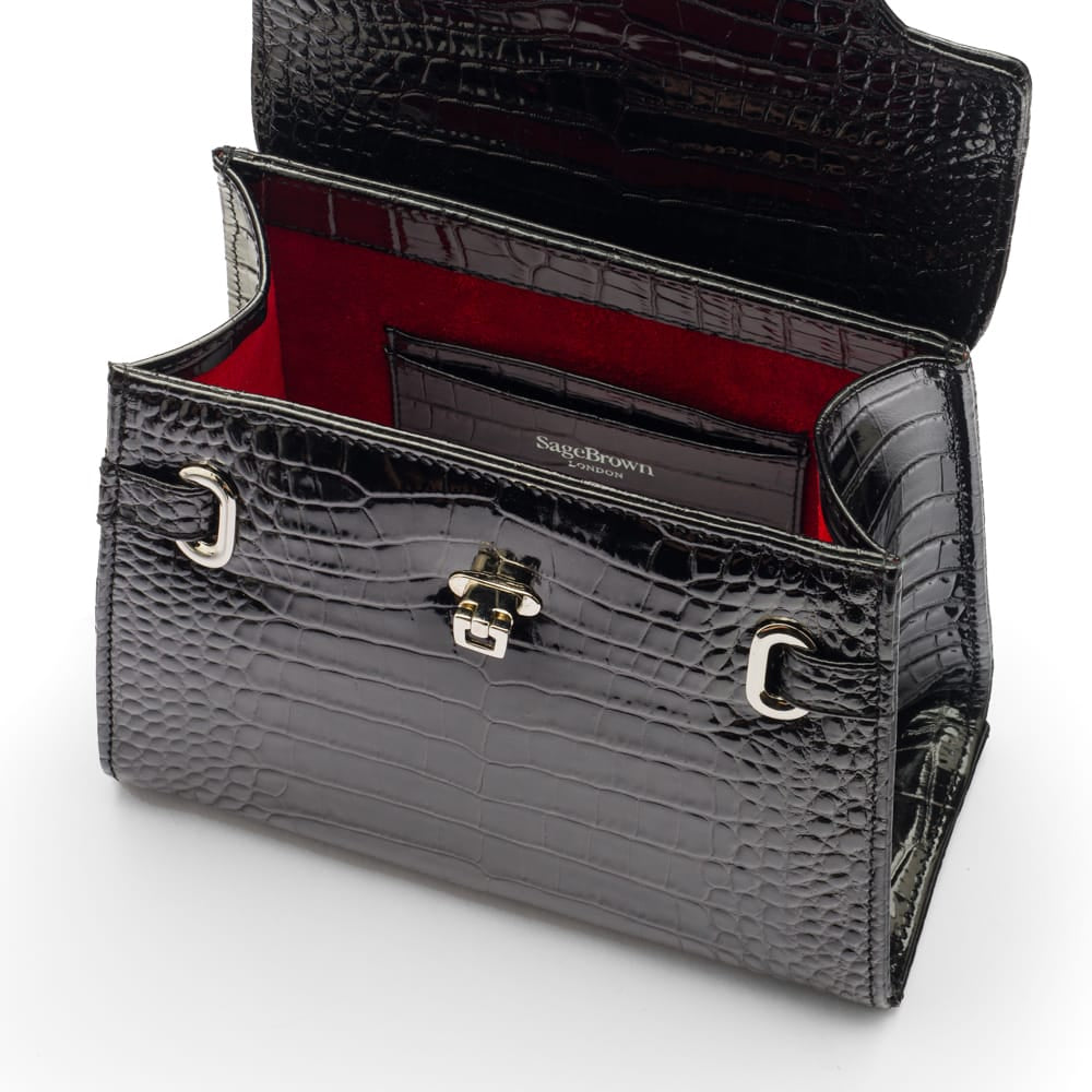 Leather mini Catherine bag, black patent croc, inside