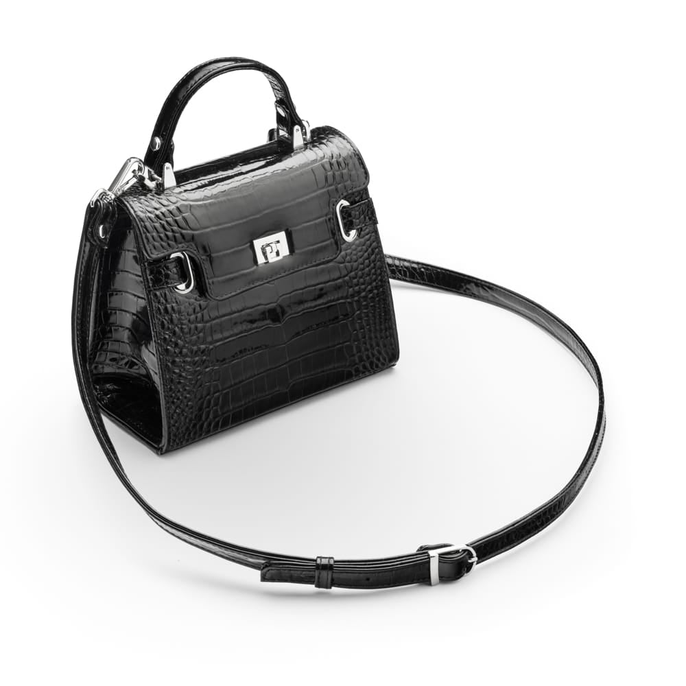 Leather mini Catherine bag, black patent croc, with detachable strap