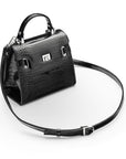 Leather mini Catherine bag, black patent croc, with detachable strap