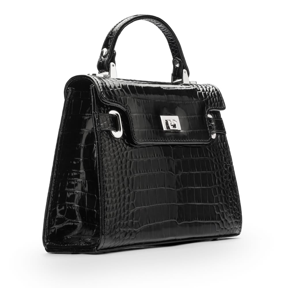 Leather mini Catherine bag, black patent croc, side view