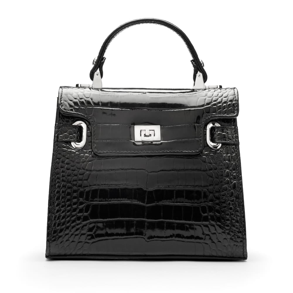 Leather mini Catherine bag, black patent croc, front