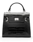 Leather mini Catherine bag, black patent croc, front