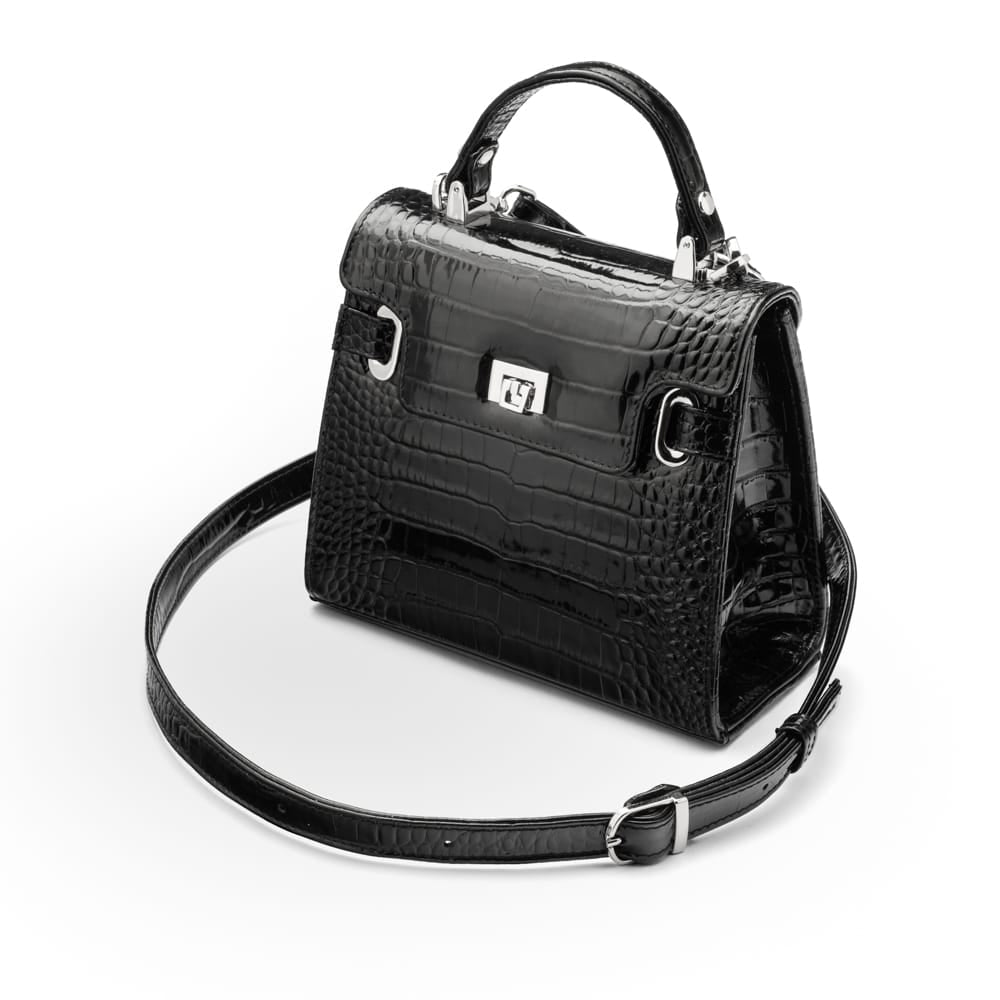 Leather mini Catherine bag, black patent croc, side
