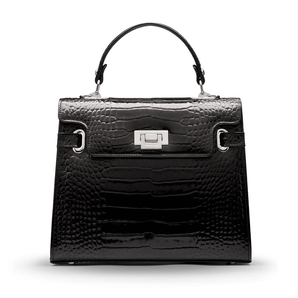 Leather mini Catherine bag, black patent croc, front