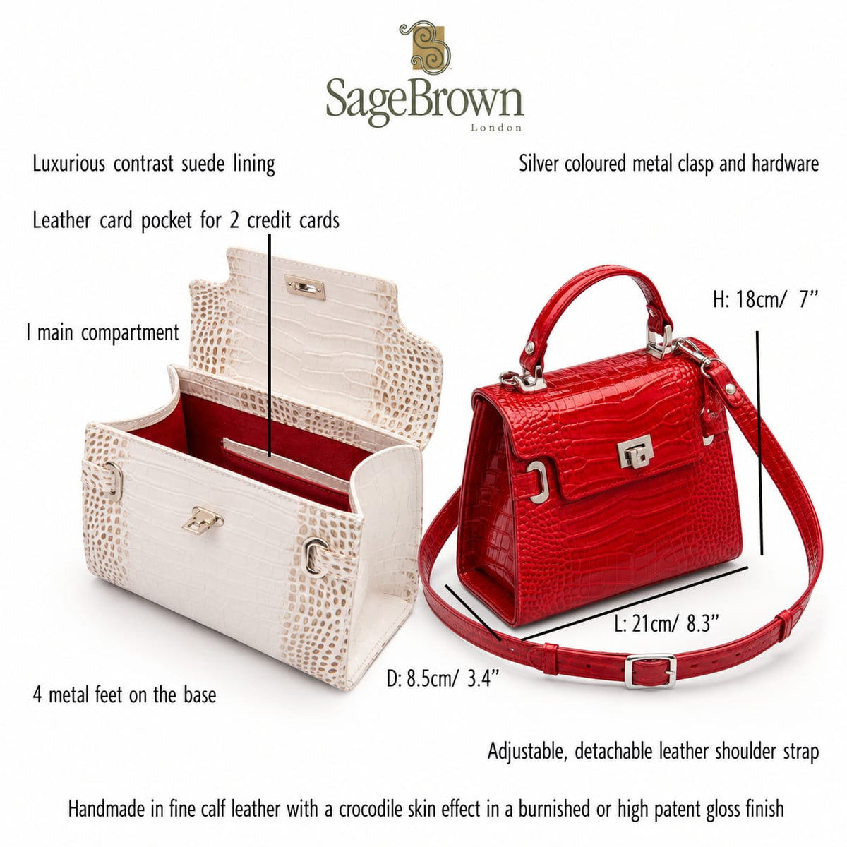 Leather mini Catherine bag, features and dimensions