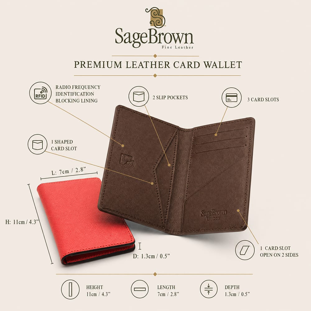Leather RFID bifold credit card holder, features and dimensions