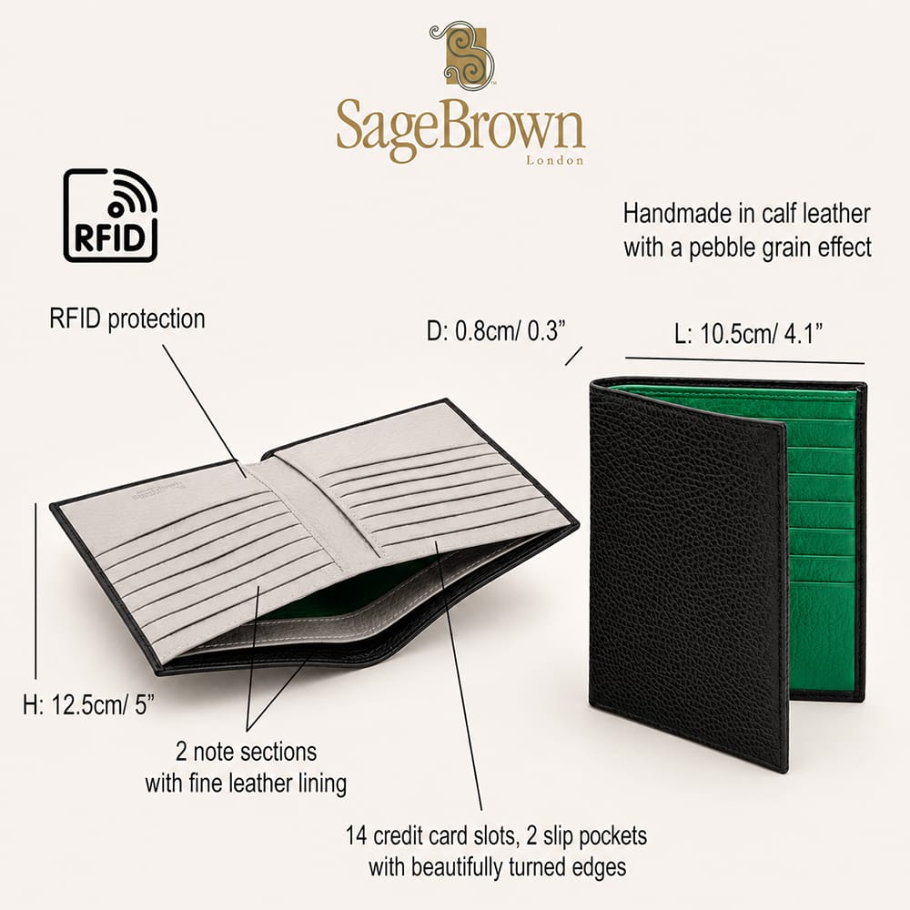 Leather RFID Wallet with 14 Card Slots, features and dimensions