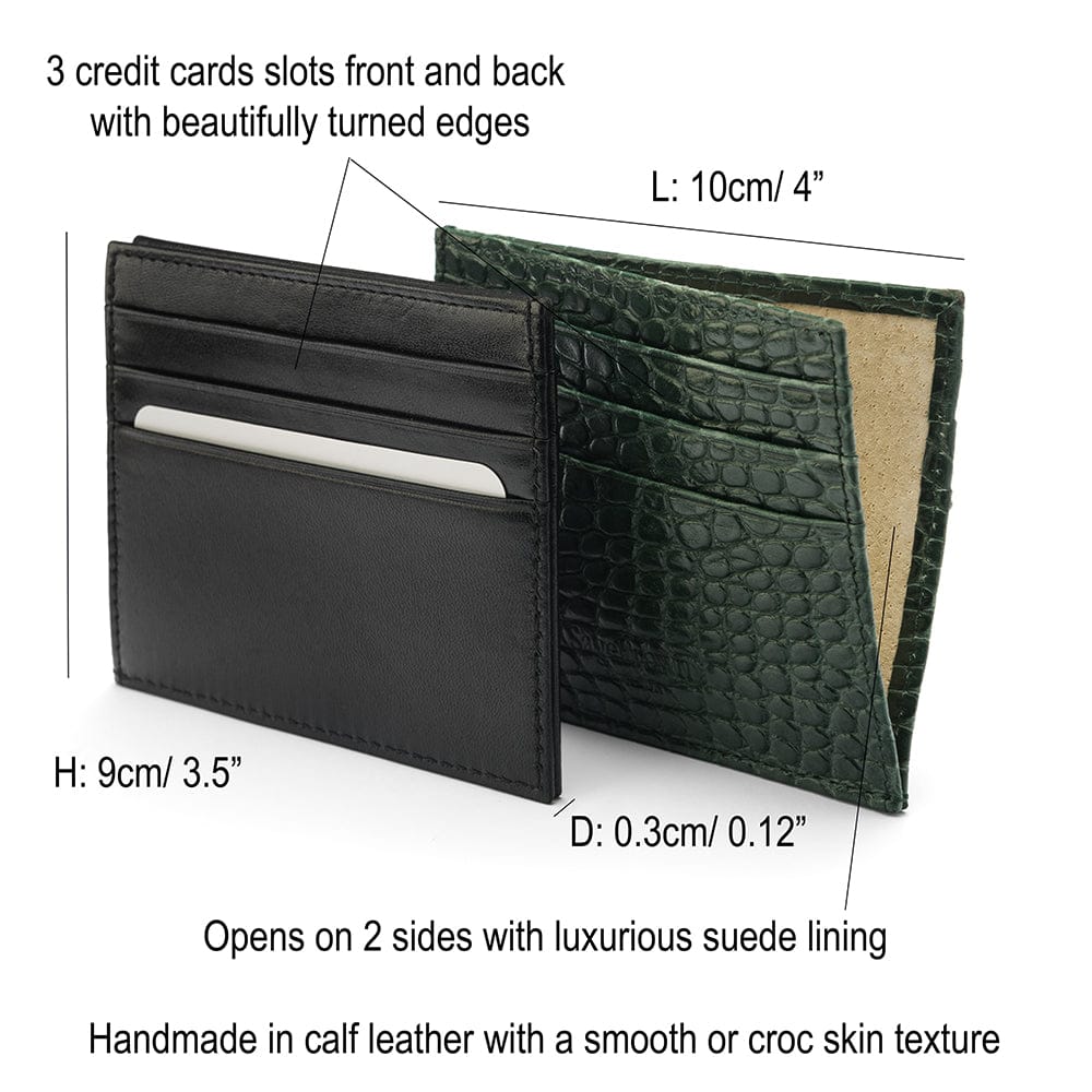 Leather side opening flat credit card case, features and dimensions