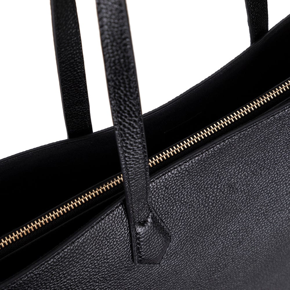 Leather tote bag, black, closeup