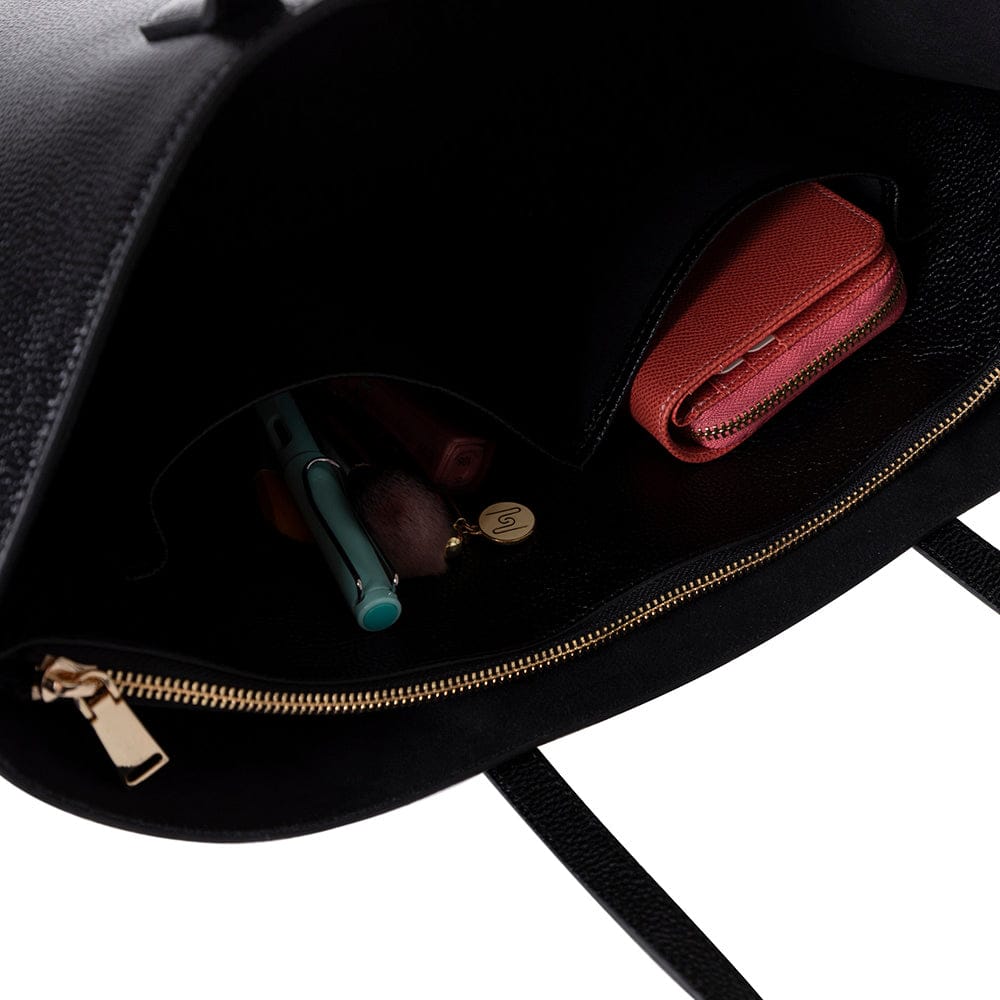 Leather tote bag, black, open view