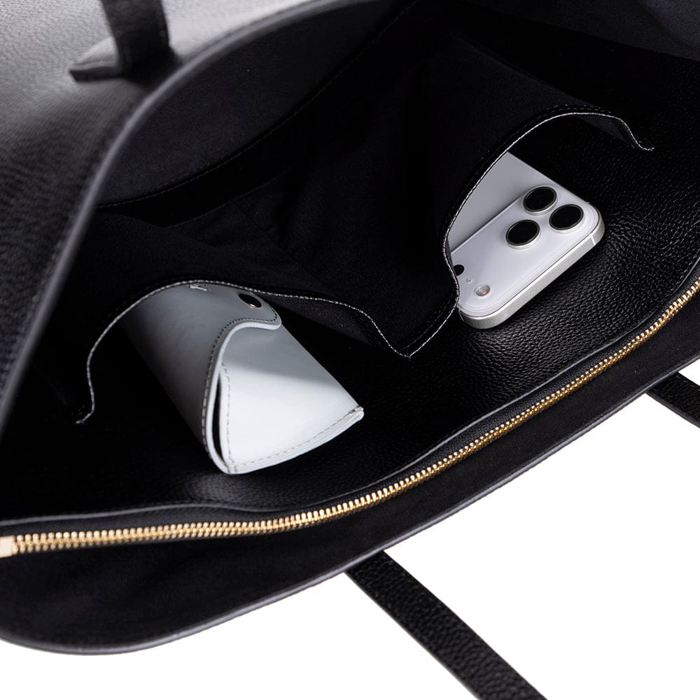Leather tote bag, black, inside view