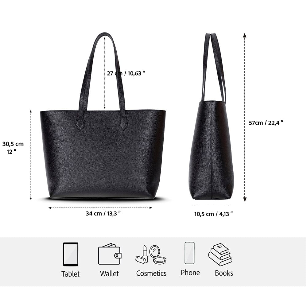 Leather tote bag, black, features and dimensions