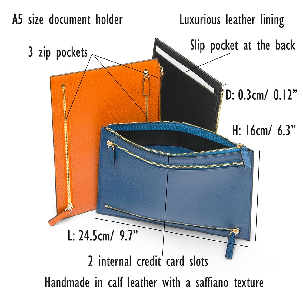 Leather travel document and currency case, features and dimensions