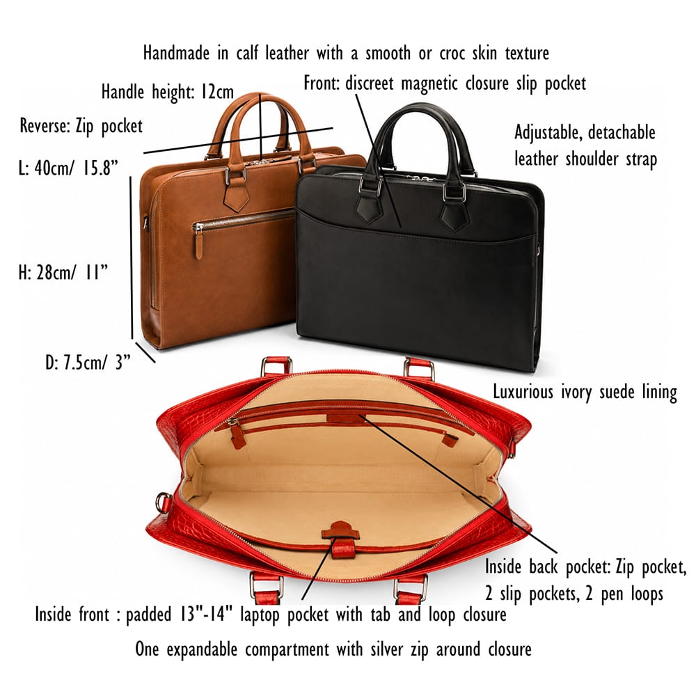 Leather Trinity 13" laptop briefcase, features and dimensions