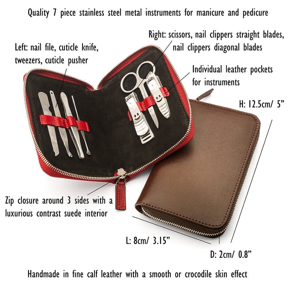 Leather zip around 7 piece manicure set, features and dimensions