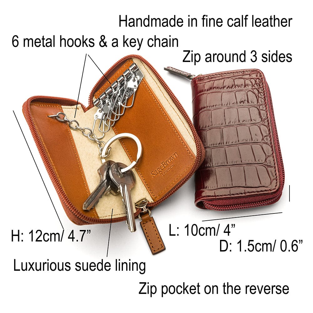 Leather zip around key case, features and dimensions