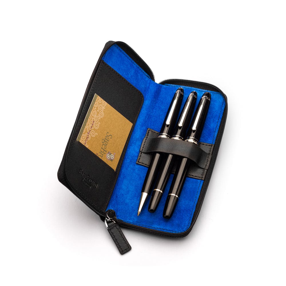 Leather zip around triple pen case, black with cobalt, inside