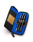 Leather zip around triple pen case, black with cobalt, inside