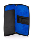 Leather zip around triple pen case, black with cobalt, open