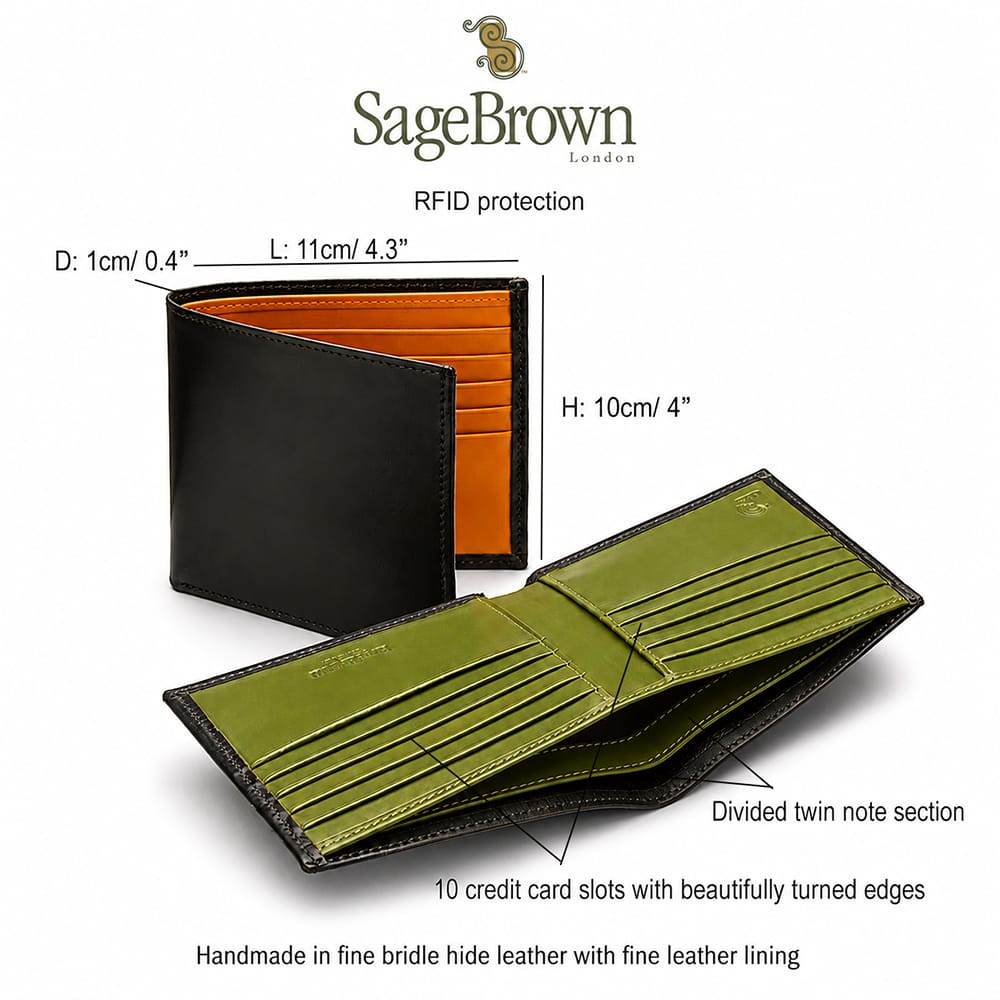 RFID wallet in bridle hide leather, features and dimensions