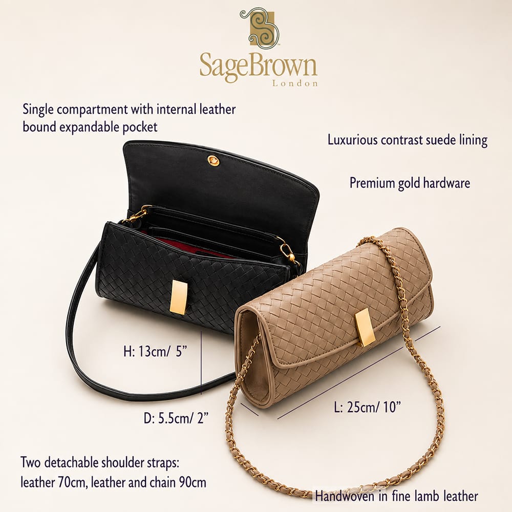 Luxury Hand-Woven Leather Melanie Clutch, features and dimensions