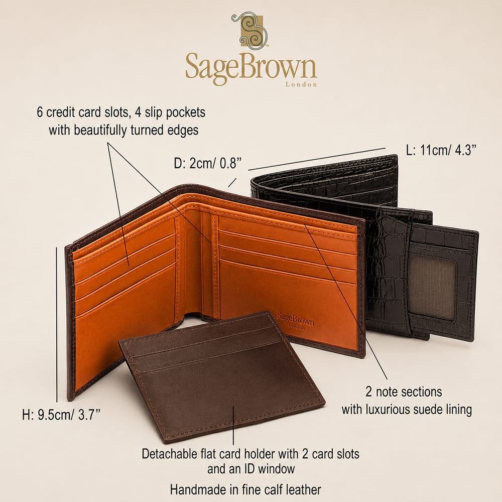 Luxury Leather Billfold Wallet with Detachable Card Holder, features and dimensions