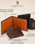 Luxury Leather Billfold Wallet with Detachable Card Holder, features and dimensions