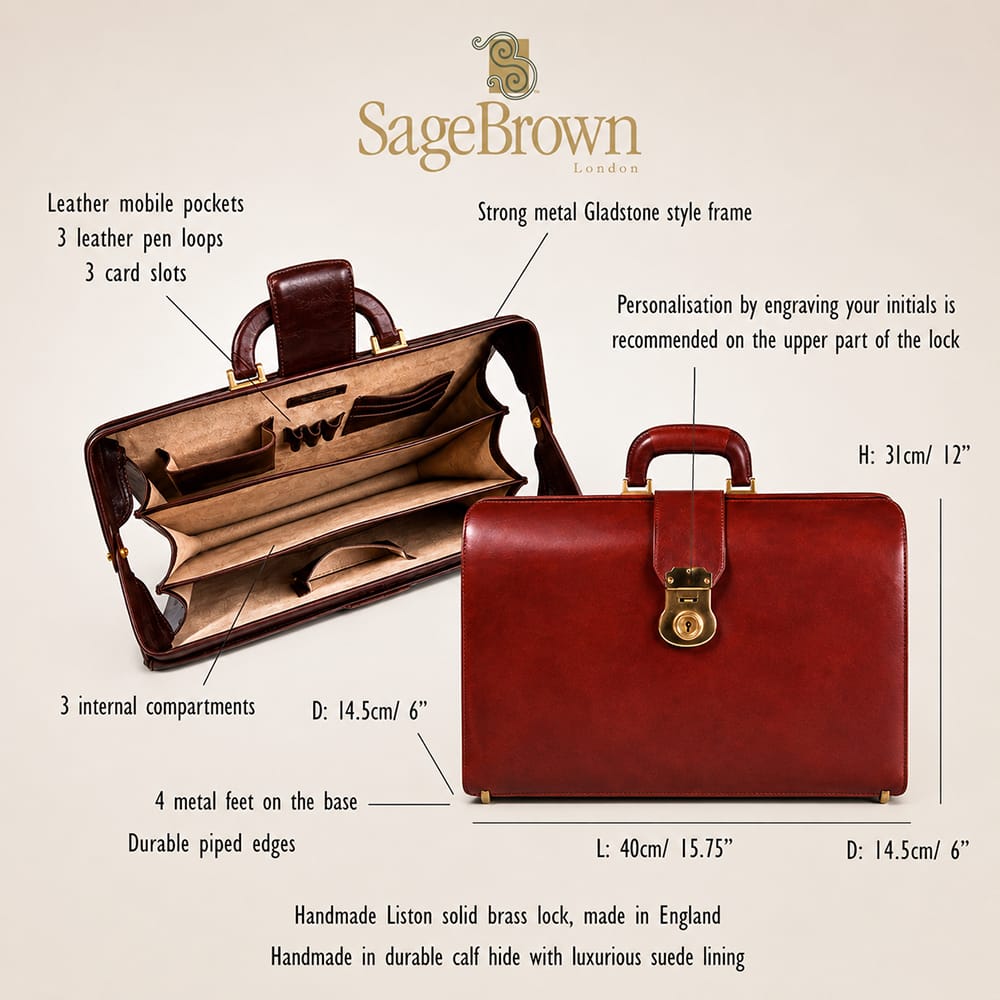 Luxury leather Gladstone Doctor's bag, features and dimensions