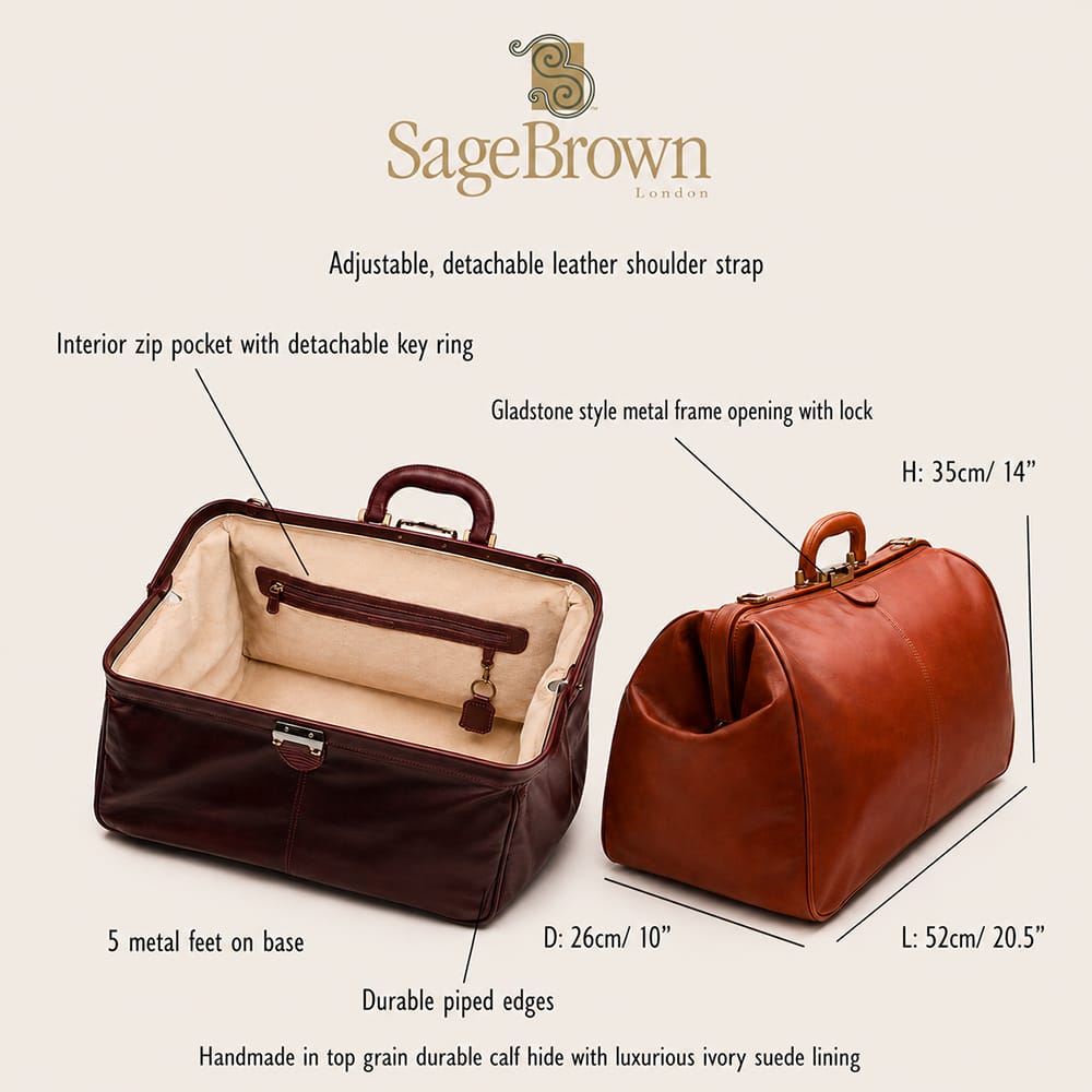 Large leather Gladstone travel bag, features and dimensions