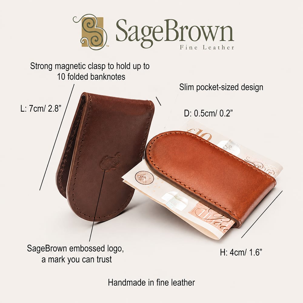 Luxury Leather Magnetic Money Clip, features and dimensions
