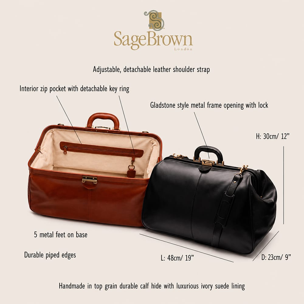 Luxury leather medium Gladstone holdall, features and dimensions