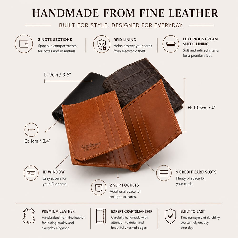 Luxury Leather RFID Wallet with ID Window 9 Cards, features