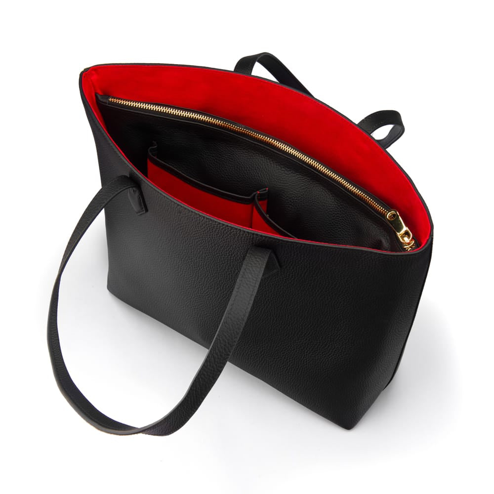 Luxury Leather Tote Bag and Shopper, Black, open