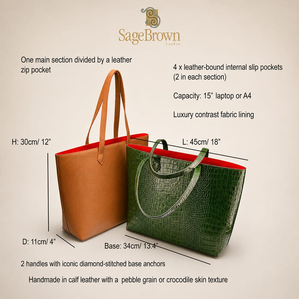 Luxury Leather Tote Bag and Shopper, features and dimensions