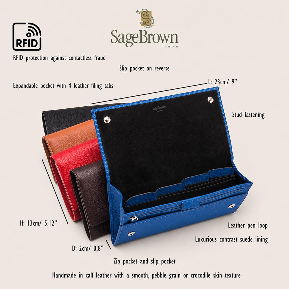 Luxury Leather Travel Wallet & Document Organiser with RFID Protection, features and dimensions