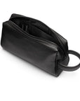 Luxury leather wash bag, black, open