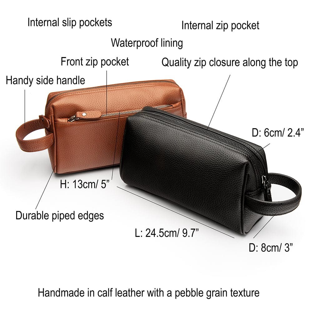Luxury leather wash bag, features and dimensions