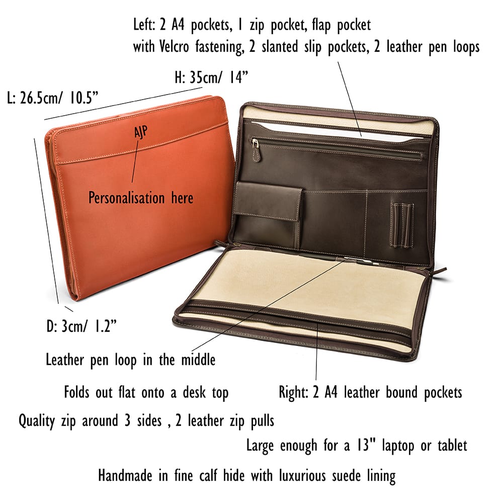 Luxury Leather Zip Around A4 Folder, features and dimensions