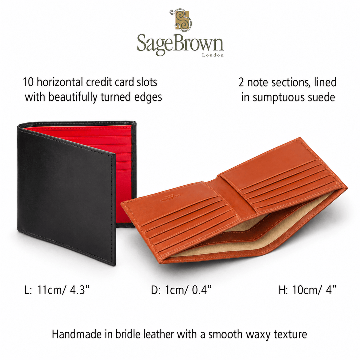 Luxury Men's Bridle Leather Bi-Fold Wallet , features and dimensions