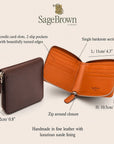Men's leather wallet with zip around closure, features and dimensions