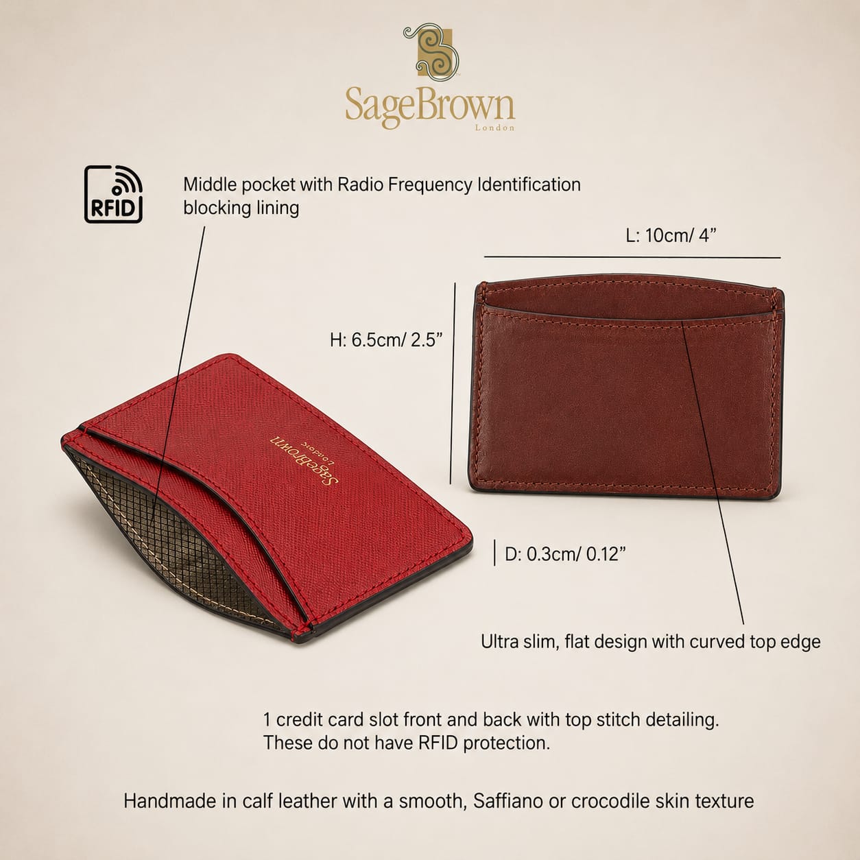 Leather slim card holder with RFID, features and dimensions