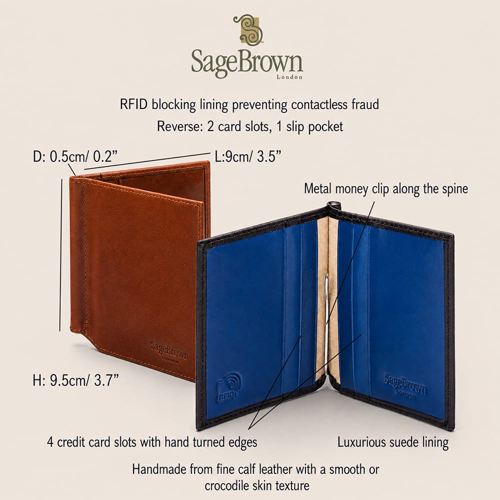 Leather money clip wallet for men, features and dimensions